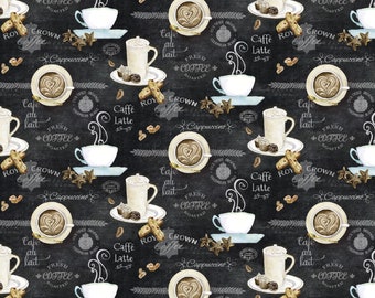Deja Brew Coffee Cups on Black B/G-P&B Textiles-BTY