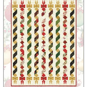 May include: A quilt pattern titled Ribbons & Bows by Quilted Garden Designs by Jenice Belling. The design features vertical columns of braided fabric strips in red, green, gold, and black holiday prints, topped and bottomed with fabric bows.