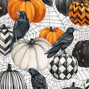 May include: A repeating pattern featuring pumpkins in orange, white, and black, with black crows perched on top. The pumpkins have various designs, including stripes, chevrons, and geometric patterns, set against a white spiderweb background.