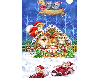May include: A festive Christmas scene with a gingerbread house decorated with candy canes and colorful candies. Five adorable kittens wearing Santa hats are inside and outside the house. One kitten is flying in a sleigh pulled by a reindeer. The background is a starry night sky with a full moon.