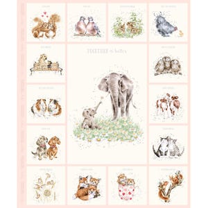 May include: A fabric panel featuring watercolor illustrations of various animals, including squirrels, doves, rabbits, dogs, owls, guinea pigs, cows, cats, foxes, and squirrels. The phrase "Together is better" is in the center.