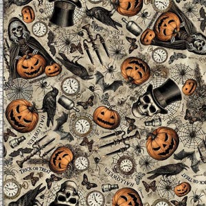 May include: A beige fabric featuring a repeating Halloween pattern with orange jack-o'-lanterns, black skulls wearing top hats, crows, spiders, cobwebs, vintage clocks, candelabras, and bottles with the text Trick or Treat printed throughout.
