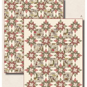 May include: Two quilts with a star pattern in shades of red, green, and cream. The quilts feature a repeating star design with a vintage-style print. The word "Noel" is at the bottom, along with the words "Runner, Topper, Throw, Queen."