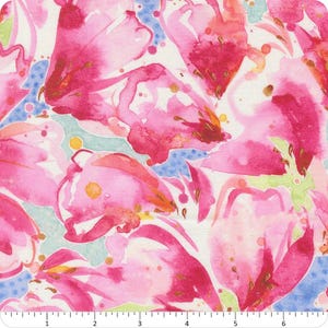 May include: A fabric with a watercolor floral pattern. The design features large, abstract flowers in shades of pink and red, with touches of yellow and gold. The background has light blue and green accents, creating a vibrant and artistic look.