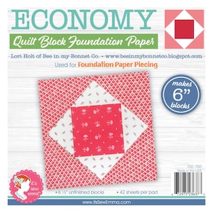 May include: Economy Quilt Block Foundation Paper. The package features a red and white patterned quilt block design. The text on the package includes "Used for Foundation Paper Piecing" and "makes 6" blocks". The product is from Lori Holt of Bee in my Bonnet Co.