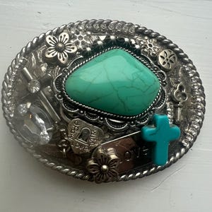 Vintage Oval Belt Buckle with Silver Cross Motif and Turquoise Stones Sterling Silver and Turquoise Ornate Oval Belt Buckle by  main image 3