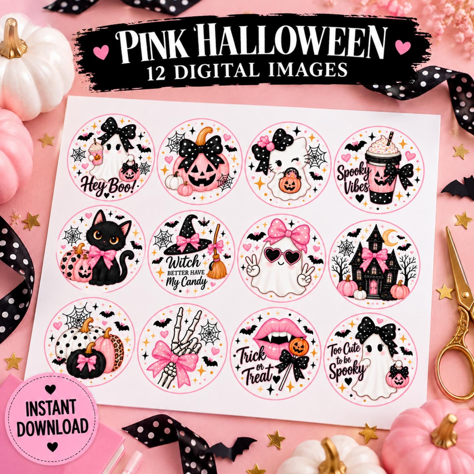 A Pink-and-Black Illustrated Mix Pink Halloween digital topper-image preview with ghosts, hats, pumpkins and seasonal lettering.