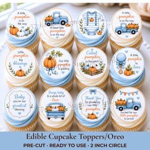 May include: A set of twelve round cupcake toppers featuring blue and orange pumpkin-themed illustrations and text such as A little pumpkin is on the way, Cutest pumpkin in the patch, and Baby you're our greatest blessing, printed on 2 inch circles.