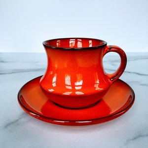 Ernestine Italy Deep Orange Ceramic Cup & Saucer.  Ombre Espresso/Cappucino Italian Mid Century Pottery. MCM Design