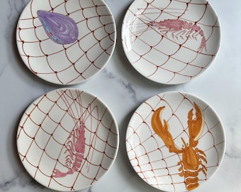 Ernestine Salerno Lobster & Oyster Plates: Mid-Century Italian Ceramic Set of Four