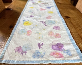 Handmade Linen Cotton Table Runner: Pansy Floral, Silk Edged