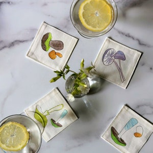 Set of Linen/Cotton Mushroom  Coasters Inspired by the designs of Ernestine Virden Cannon