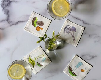 Set of Linen/Cotton Mushroom  Coasters Inspired by the designs of Ernestine Virden Cannon
