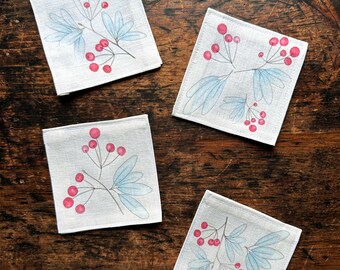 Set of Linen/Cotton Winterberry Coasters Inspired by the designs of Ernestine Virden Cannon