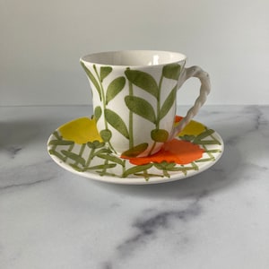 Vintage Ernestine Salerno Ceramic Mug & Saucer: Hand-Painted Floral Italian Pottery