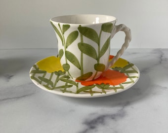 Vintage Ernestine Salerno Ceramic Mug & Saucer: Hand-Painted Floral Italian Pottery