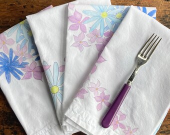 Floral cotton hand decorated and sewn dinner napkins.  Designs inspired by Ernestine Virden - Cannon.
