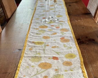 Handmade Linen Cotton Table Runner: Yellow Zinnia, Silk Edges