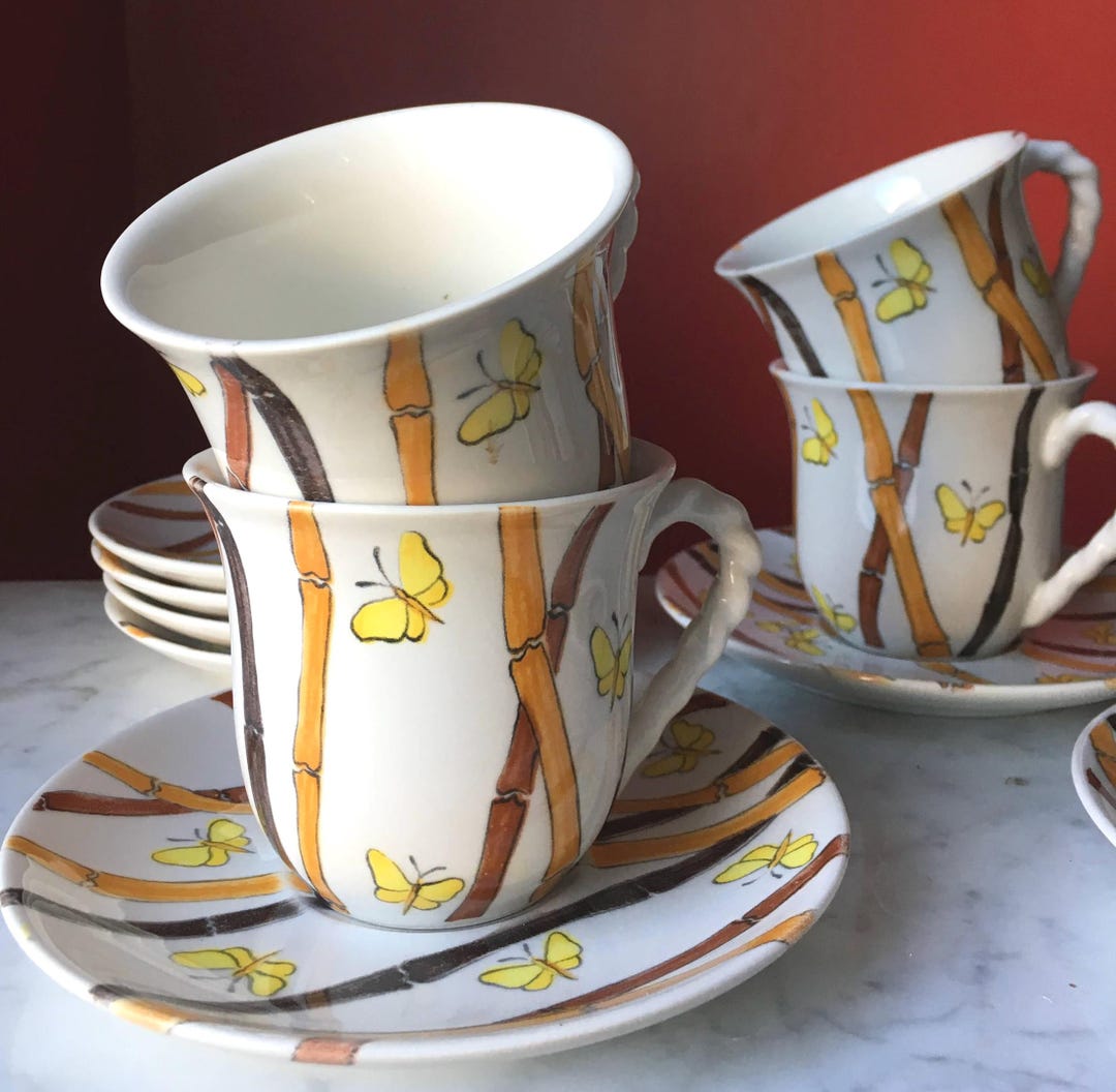 Ernestine Salerno Vintage Cup Saucer Set: Mid-century Italian Ceramic  Butterfly Bamboo