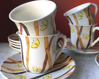 Ernestine Salerno Vintage Cup & Saucer Set: Mid-Century Italian Ceramic Butterfly Bamboo