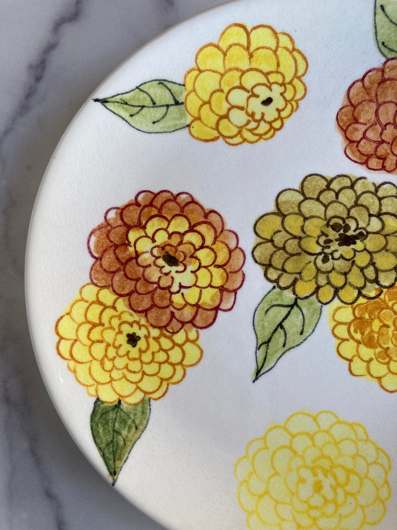 Ernestine Salerno Dinner Plate. Zinnia Pattern. Floral Hand Painted Italian Midcentury Ceramic