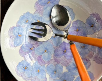 Vintage Ernestine Salerno Serving Bowl: Italian Ceramic Pansies, Mid-Century Modern