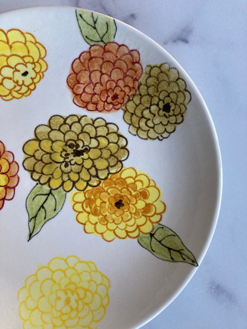 Ernestine Salerno Dinner Plate. Zinnia Pattern. Floral Hand Painted Italian Midcentury Ceramic