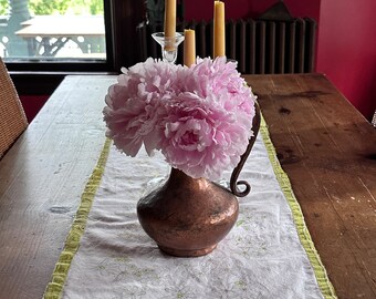 Floral Linen Cotton Table Runner: Silk Sari Edges, Mid-Century Design