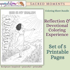 May include: Black and white line art of a woman with arms outstretched, standing on a path with flowers, under the sun. Text includes "God is My Shalom", and "Reflection & Devotional Coloring Experience".