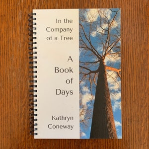 May include: A white spiral bound book with the title "In the Company of a Tree A Book of Days" by Kathryn Coneway. The cover features a photograph of a tree trunk with branches reaching up towards a blue sky with white clouds.