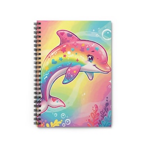 90&#39;s Sparkle Dolphin Spiral Notebook - Ruled Line Retro Journal Diary School Supplies Lisa Frank Inspired