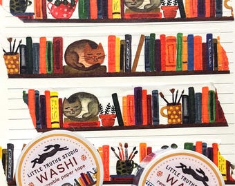 Cinta adhesiva decorativa con motivos de libros y gatos, cinta para manualidades de papel para amantes de los libros de Little Truths Studio.