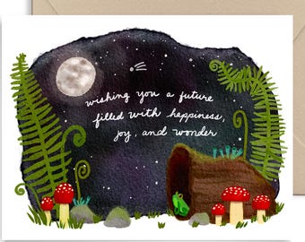 Wishing You A Future Filled With Happiness Graduation Card, Cute Woodland Frog Mushrooms Illustrated Card by Little Truths Studio