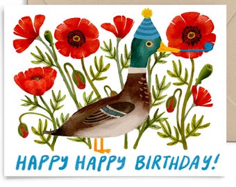 Enten Geburtstagskarte, süße Enten mit Partyhut und roten Mohnblumen, Kinder alles Gute zum Geburtstag illustrierte Grußkarte von Little Truths Studio