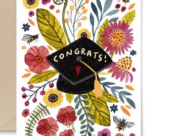 Tarjeta de graduación floral, colorida y en blanco, de Little Truths Studio