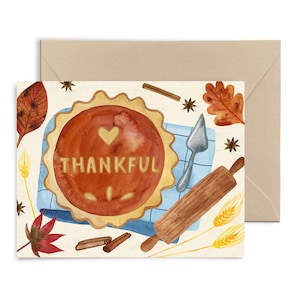 Tarjeta de felicitación con un pastel de calabaza agradecido, Acción de Gracias, Otoño, Tarjeta de acuarela con notas de gratitud de Little Truths Studio