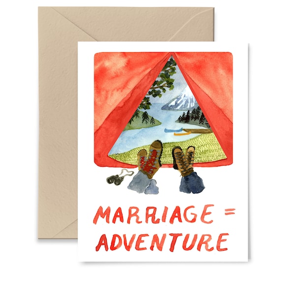 Marriage = Adventure Greeting Card, Wedding Congratulations Card, Watercolor Camping Card by Little Truths Studio