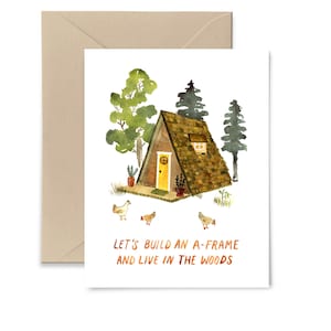 Tarjeta de felicitación de acuarela con marco en A, cabaña en el bosque, aventura, naturaleza, tarjeta de Little Truths Studio