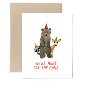 We're Here For The Cake Birthday Card, Woodland Watercolor Greeting Card, Child's Happy Birthday Bear Card by Little Truths Studio image 1