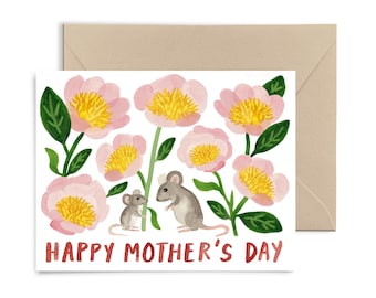 Mouse Mother's Day Greeting Card, Thoughtful Notecard, Cute Cottagecore Pink Flowers,  Card for Mum,  Blank Inside