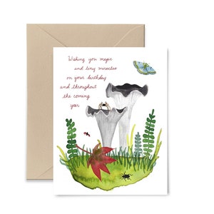 Tiny Miracles Birthday Greeting Card, mushroom, nature, spider, blank notecard by Little Truths Studio