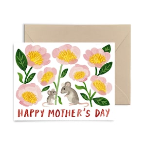 Tarjeta de felicitación del Día de la Madre del Ratón, Tarjeta de notas reflexiva, Lindas flores rosas Cottagecore, Tarjeta para mamá, En blanco por dentro