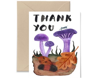 Purple Mushroom Thank You Greeting Card, Violet Webcap, Watercolor Blank Note Card by Little Truths Studio