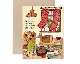 In The Kitchen Laughing Blank Watercolor Card, Love Note Card by Little Truths Studio