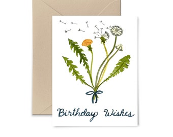 Dandelion Birthday Wishes Greeting Card, Watercolor Happy Birthday Card by Little Truths Studio