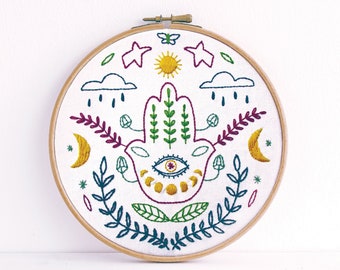 Hamsa Embroidery Kit, Beginner Modern Hand Embroidery Full Kit - DIY Embroidery Hoop Wall Art Kit