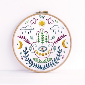 Hamsa Embroidery Kit, Beginner Modern Hand Embroidery Full Kit - DIY Embroidery Hoop Wall Art Kit