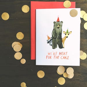 We're Here For The Cake Birthday Card, Woodland Watercolor Greeting Card, Child's Happy Birthday Bear Card by Little Truths Studio image 2