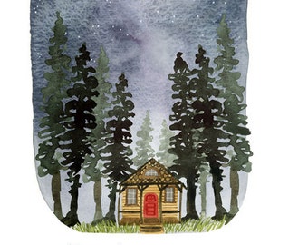 Henry David Thoreau Kunstdruck, 8,5 x 11 Zoll Aquarell Wandkunst, Natur, Hütte im Wald, Handschriftzug, Inspirierendes Zitat, Vollmond