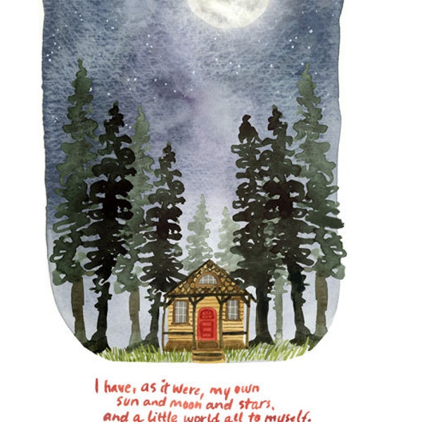 Henry David Thoreau Art Print, 8.5 x 11 inch Watercolor Wall Art, Nature, Cabin in the Woods, Hand Lettering, Inspirational Quote, Full Moon